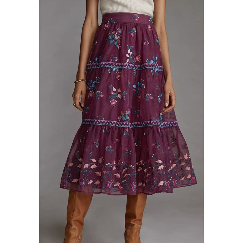 Anthropologie “Let Me Be” Embroidered Organza Midi Skirt Plum Size L
